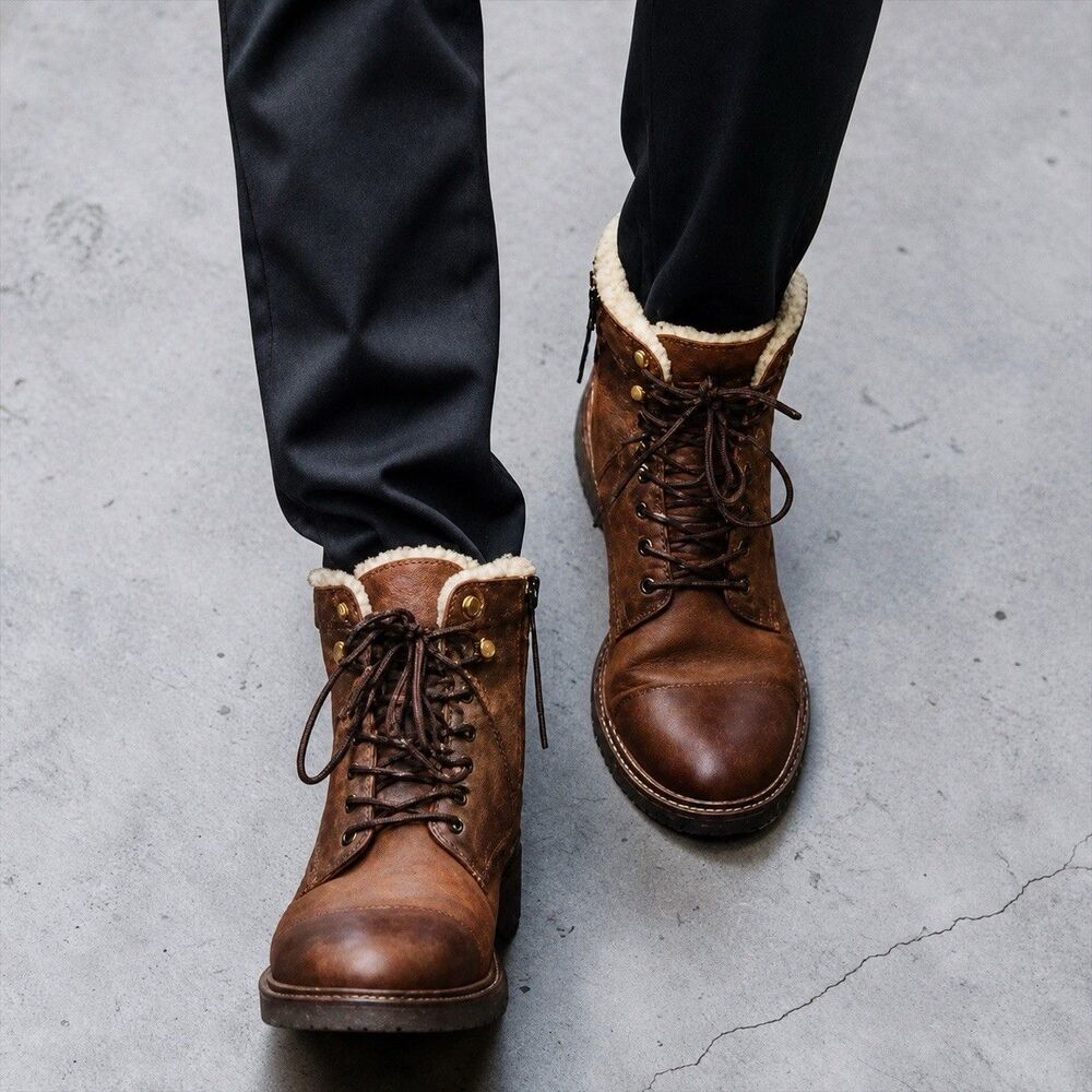 ALDO Men’s 9.5 Brown Leather Suede Faux Fur Lined Lace Up Boots Side Zip